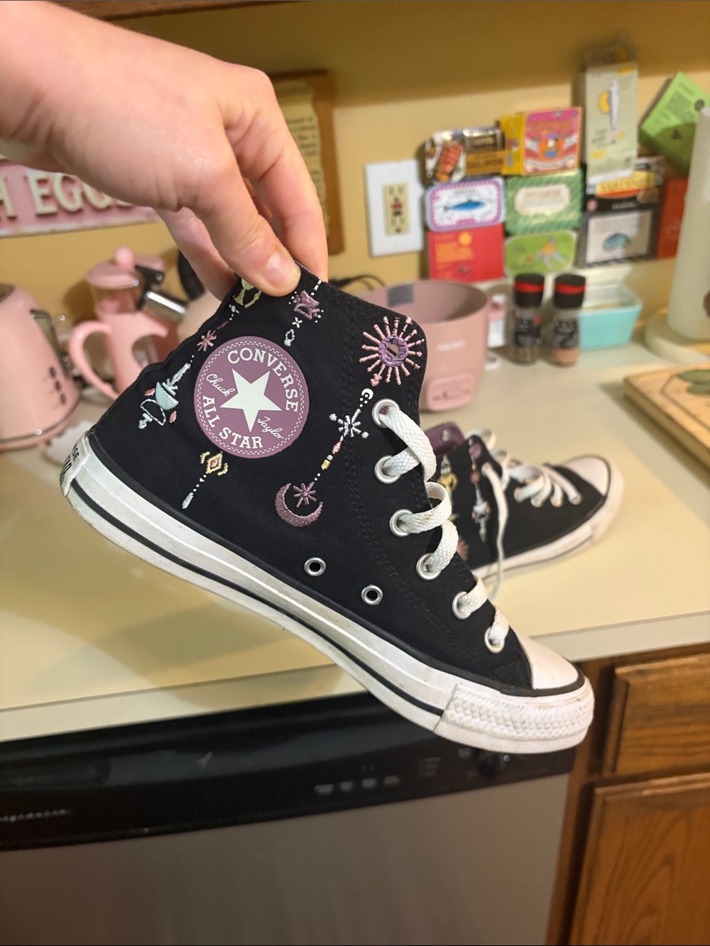 Converse Black and Mauve High-Top Sneakers Embroidered
